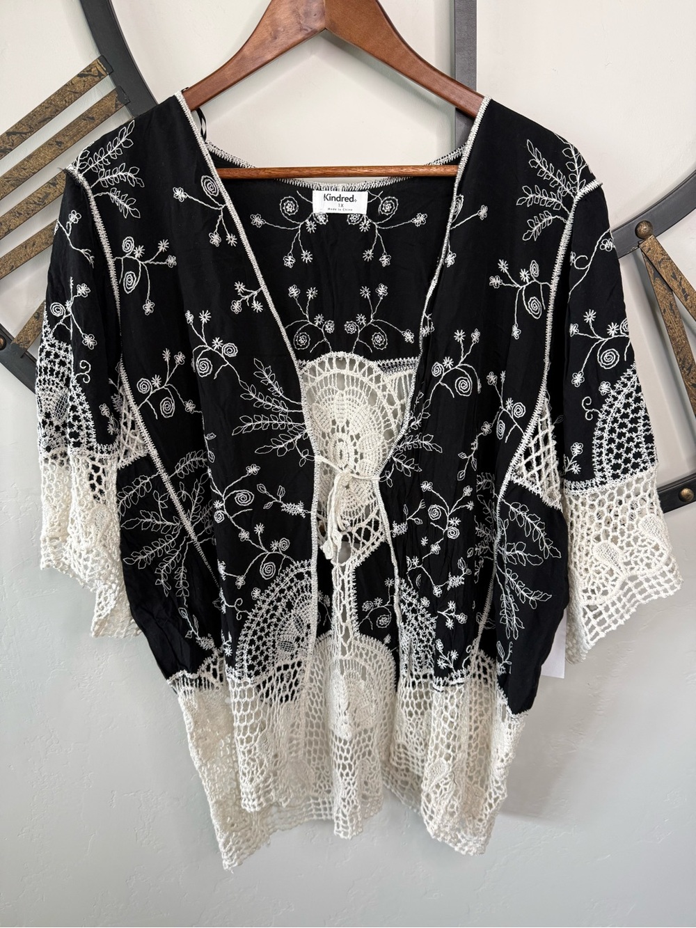 Kindred by Anthropologie Black Tunic with Cream Crochet Trim & Embroidery NWT